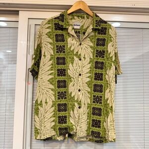 One Papaya Mens‎ Hawaiian Shirt Green Tropical Leaf Rayon Made in Hawaii 10798